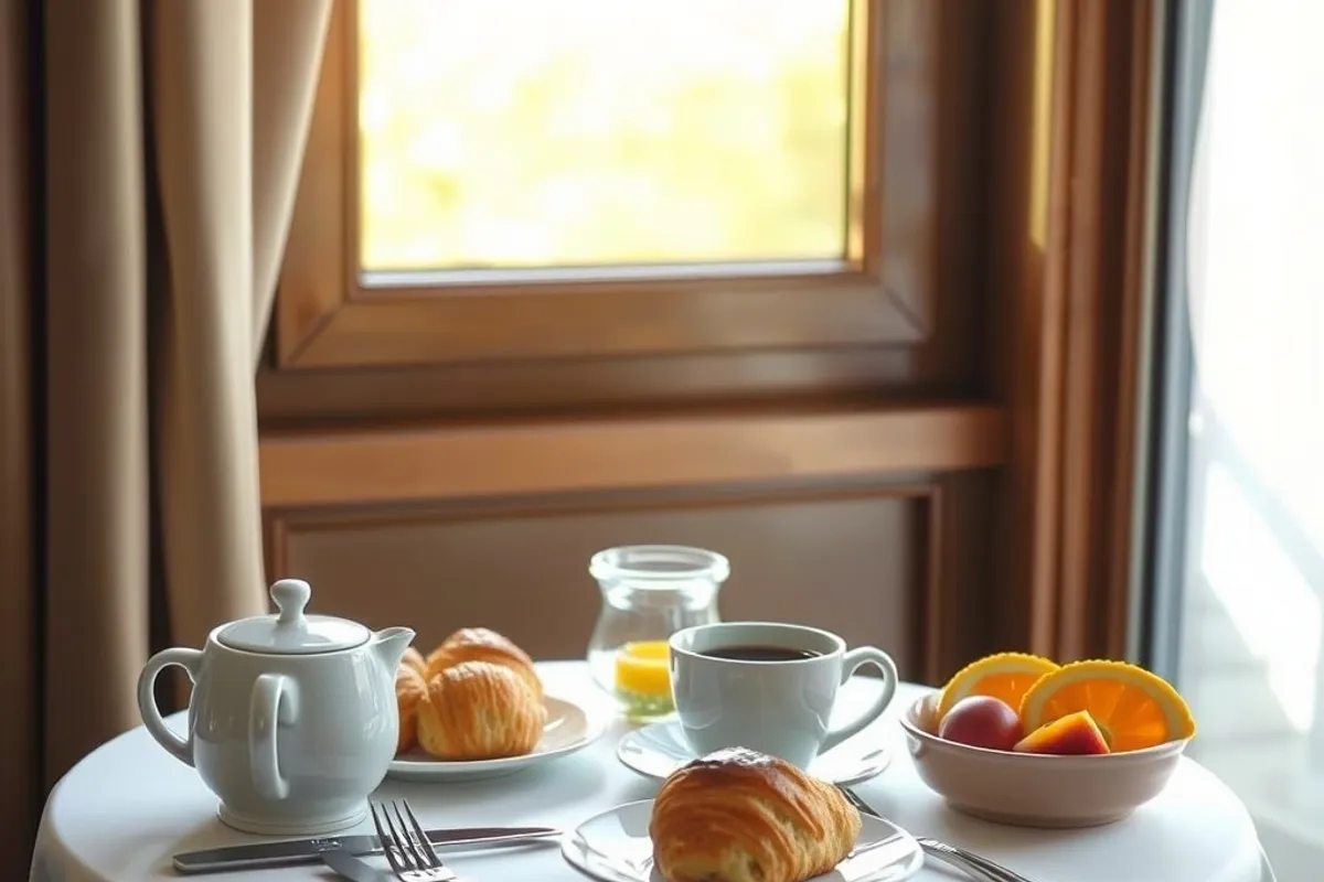 Breakfast table in a small hotel dining room