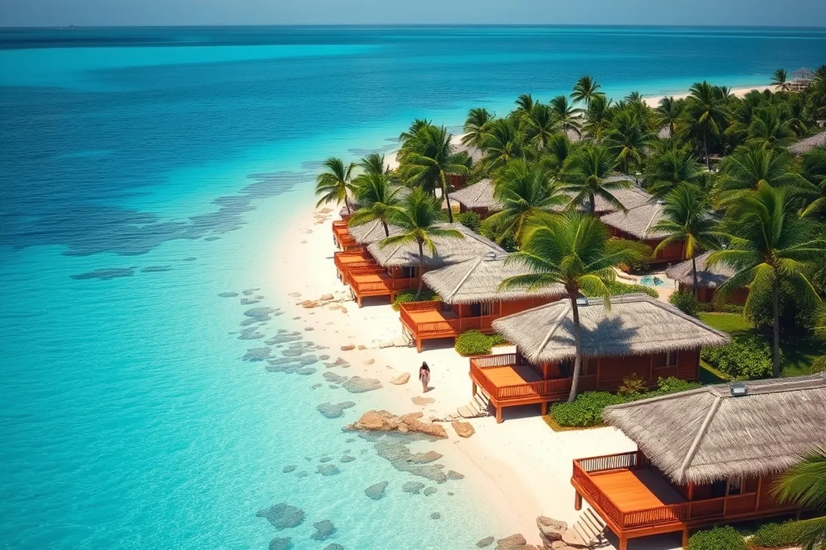 Beachfront resort bungalows among palm trees