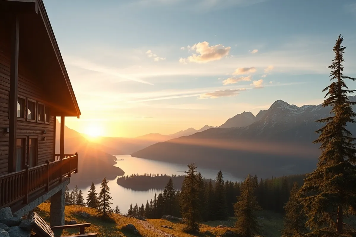 Mountain lodge terrace with a lake view