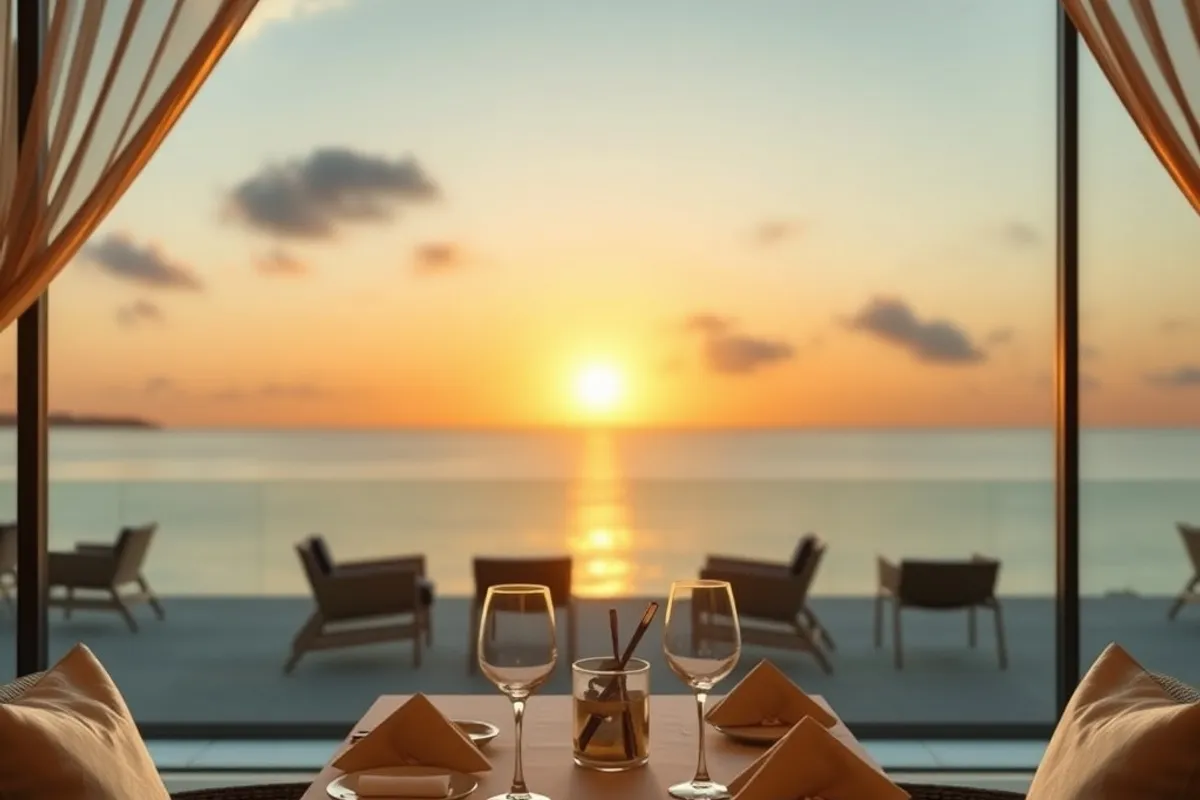 Resort restaurant table set for dinner at sunset