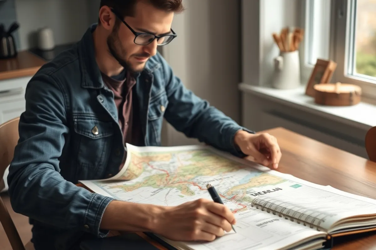 Budget traveller planning a route on a map and notebook