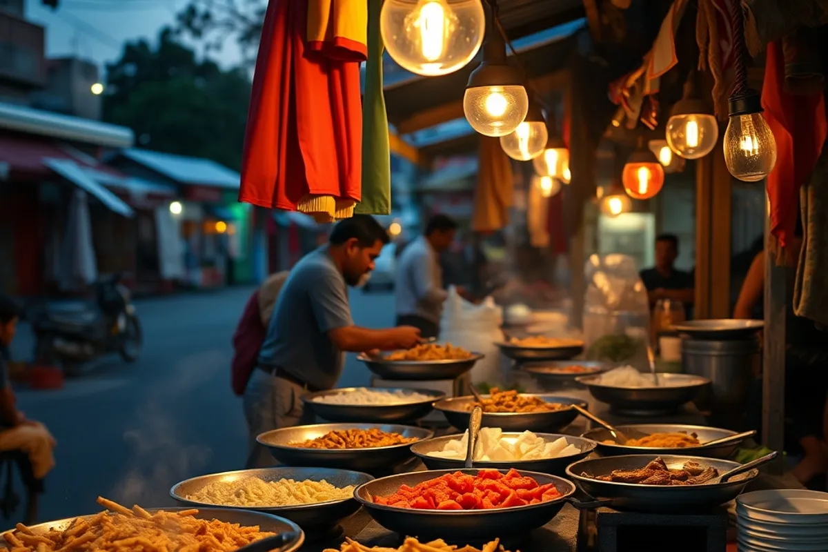 Street food market stall with local dishes
