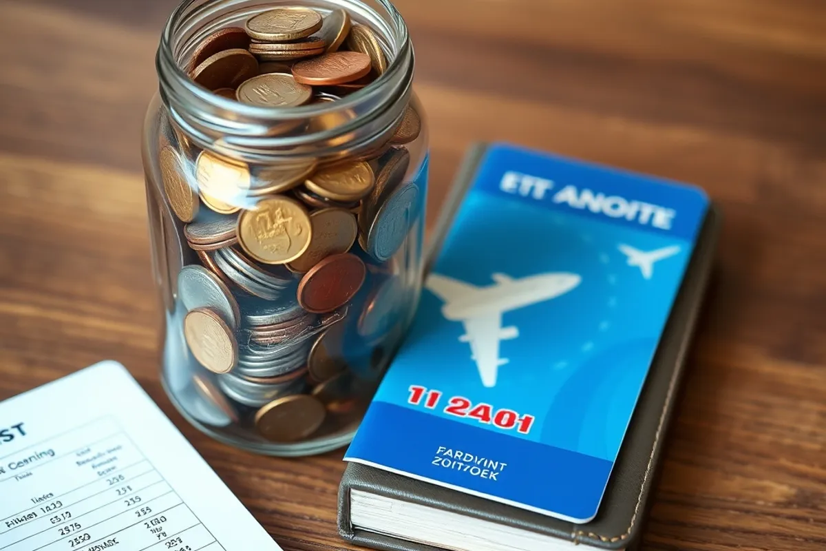 Savings jar with coins and a small travel notebook