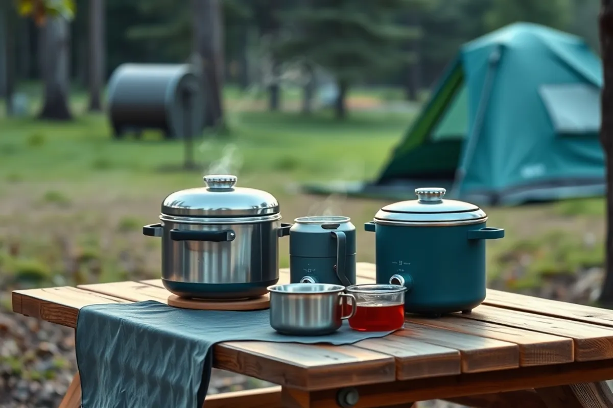 Head torch and first aid kit beside a camping stove