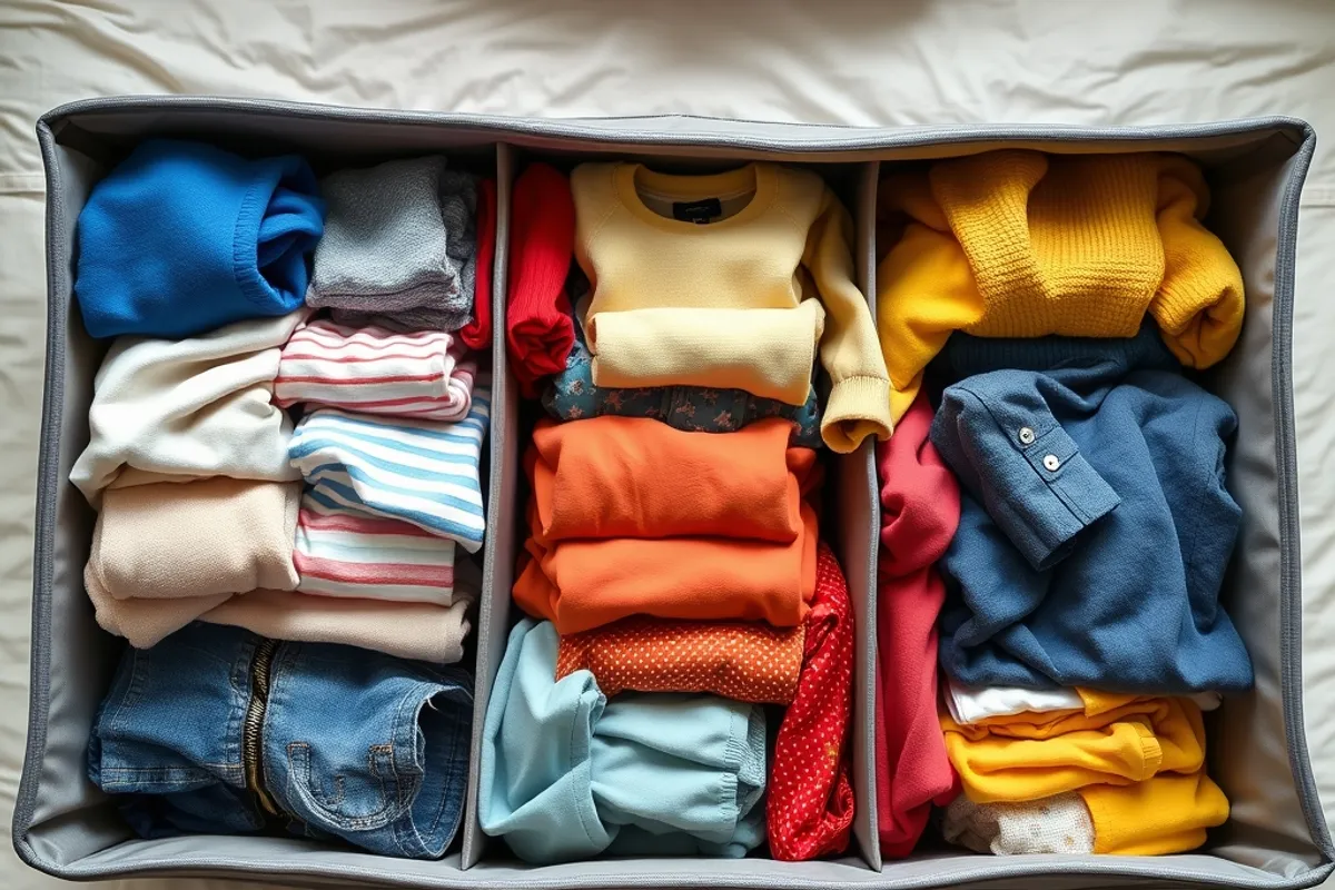 Open suitcase packed with children's clothes and travel items