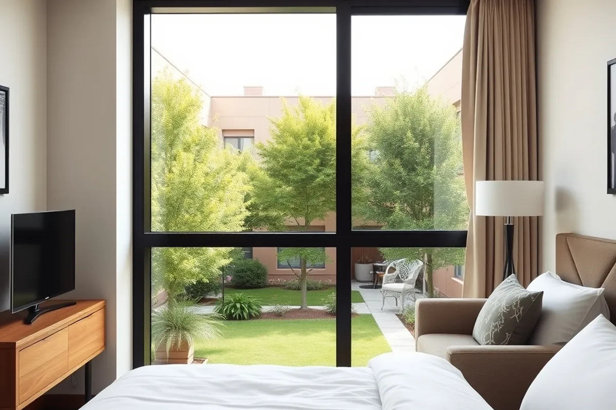 Hotel room with a window facing a quiet courtyard