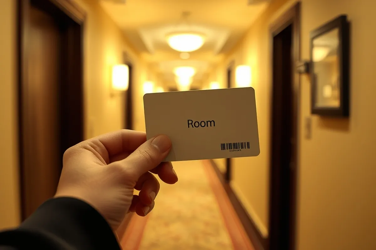 Hand holding a key card in a hotel corridor